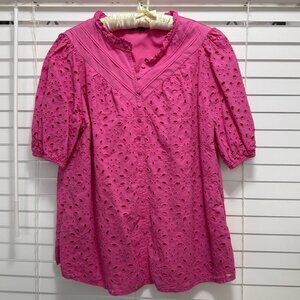 Pretty Garden Women's pink eyelet ruffle collar puff sleeve top; Size XL